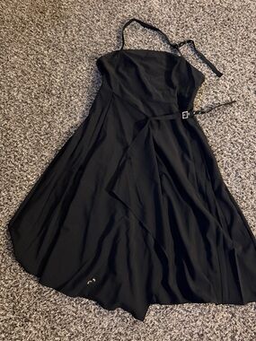 ASOS Black strappy midi dress with buckles/straps.